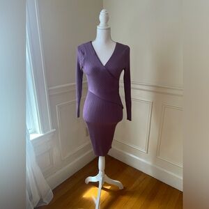 Purple Bodycon Knit Wrap Midi Sweater Dress